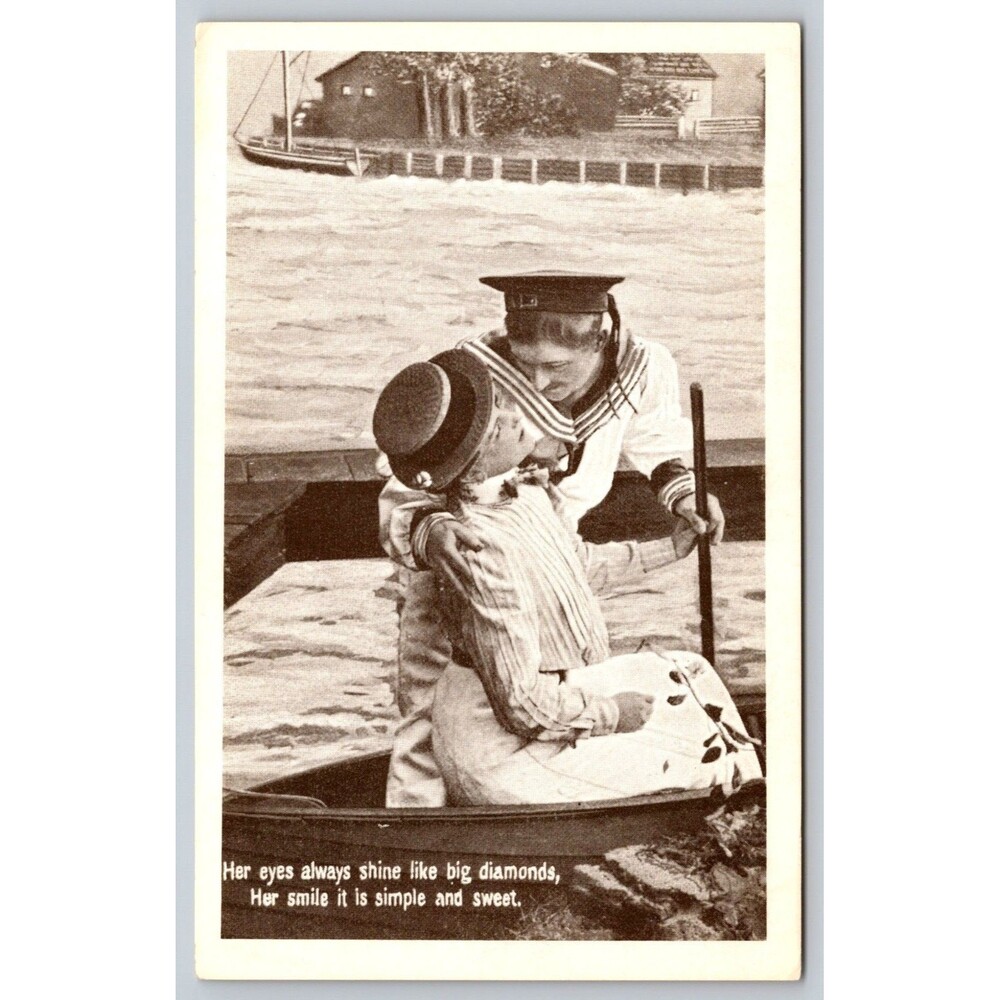 Reproduction Postcard Sailor Romance Couple in Boat Verse Sweetheart Novelty